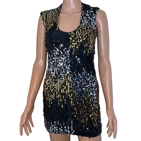As U Wish women sequin mini dress bodycon black/gold/silver stretch SZ SM Sexy - Picture 3 of 10
